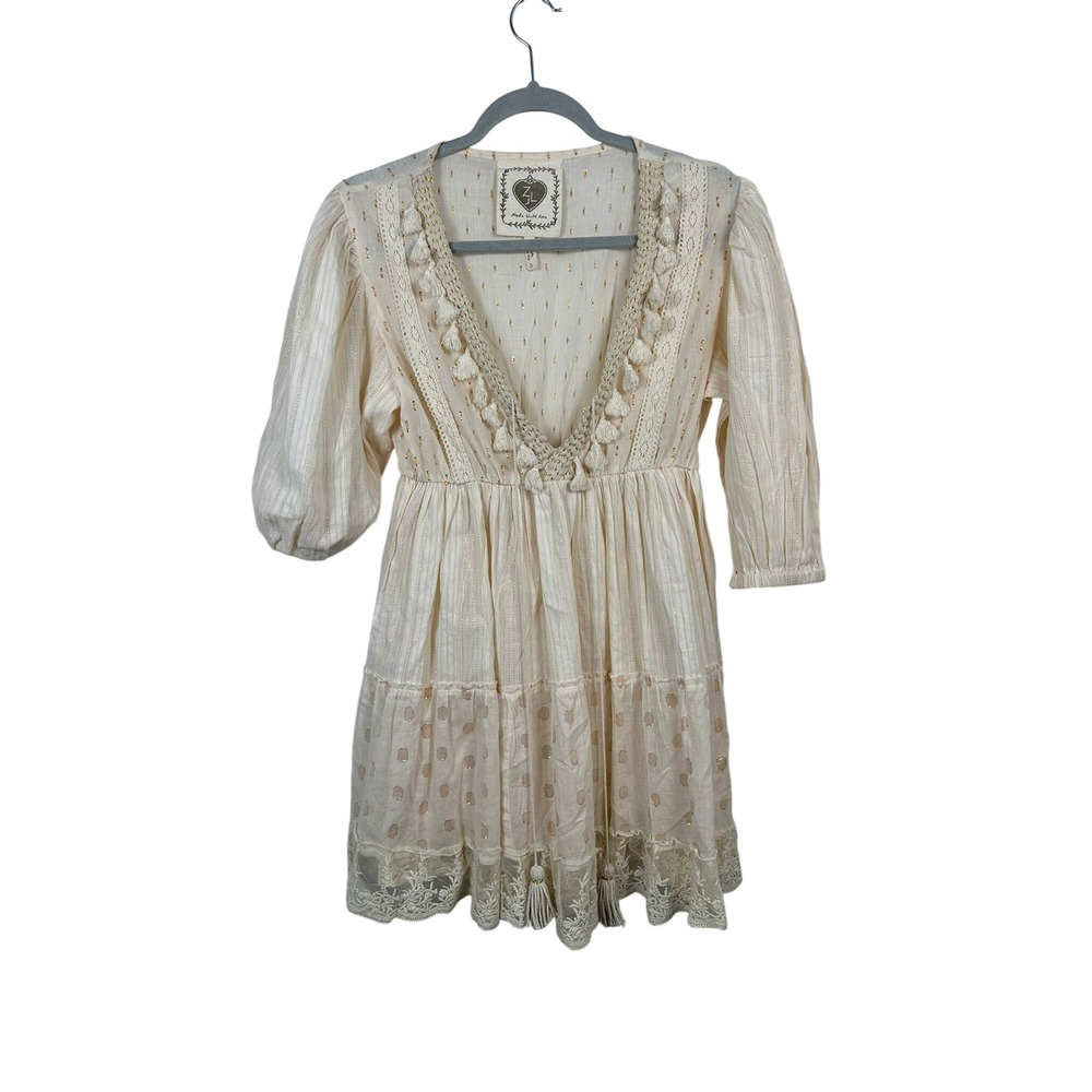ZL Europe Mini Dress Women S Cream Gold Very Good Boho Lace Tassel 17140207